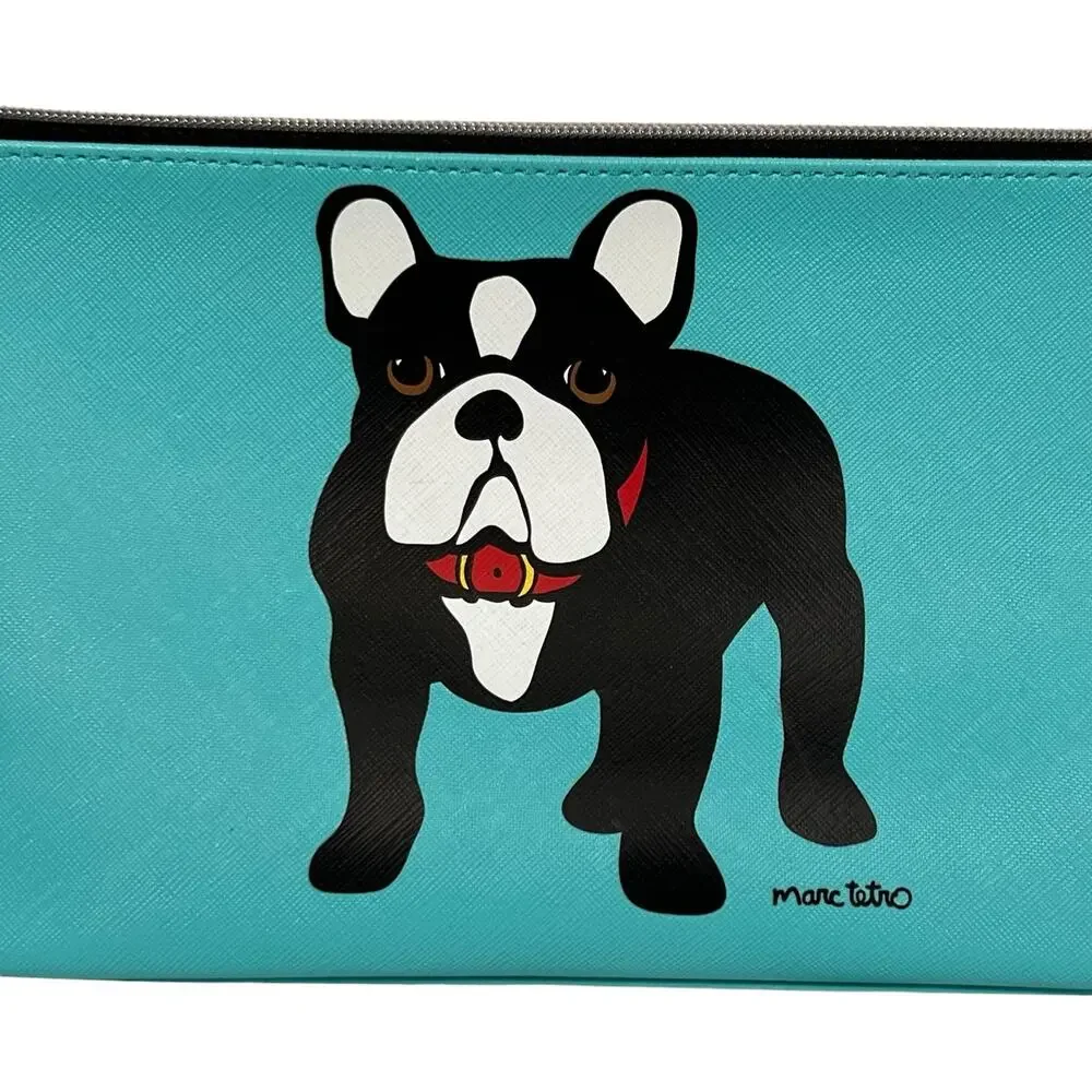 Marc Tetro French Bulldog Turquoise Blue Makeup Cosmetic Zippered Case Bag